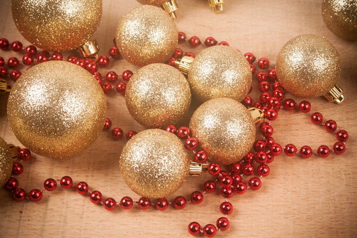 Gold Christmas Ornaments and Red Beads
