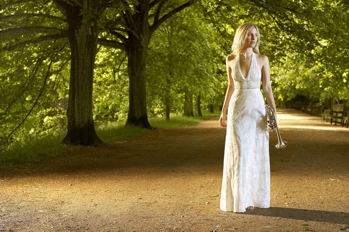 Alison Balsom with Trumpet in Park