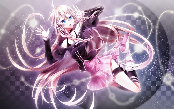 Vocaloid girl with blonde braided hair and blue eyes