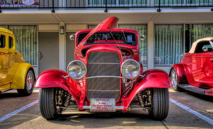 Red Ford Coupe with Yellow Coupe and Convertible