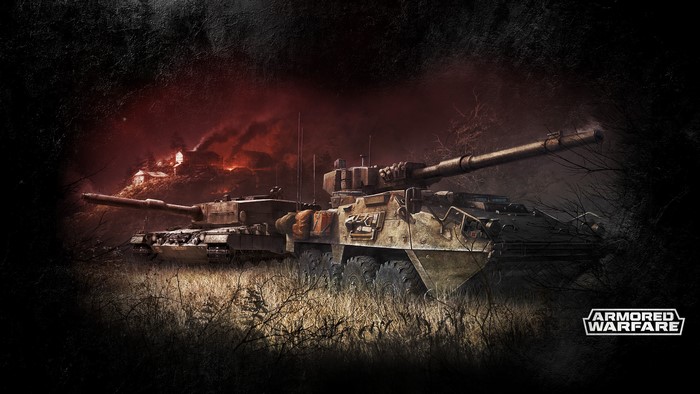 Armored Warfare tanks in a war-torn landscape
