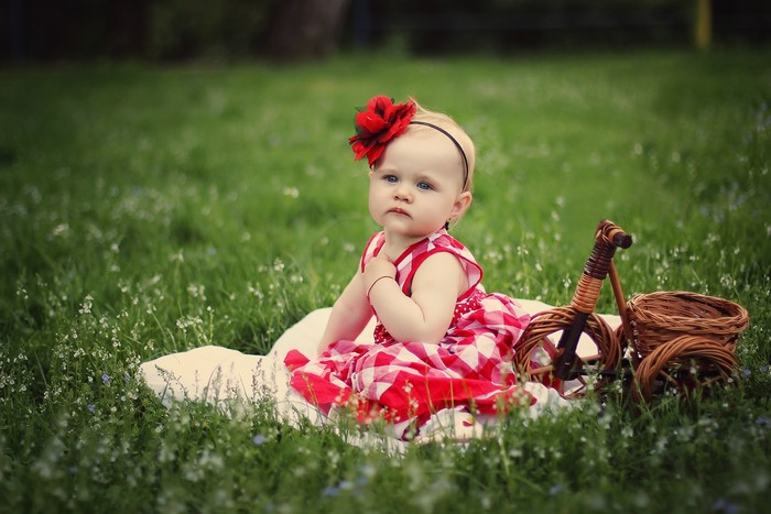 Little girl in red dress with flower headband on grass