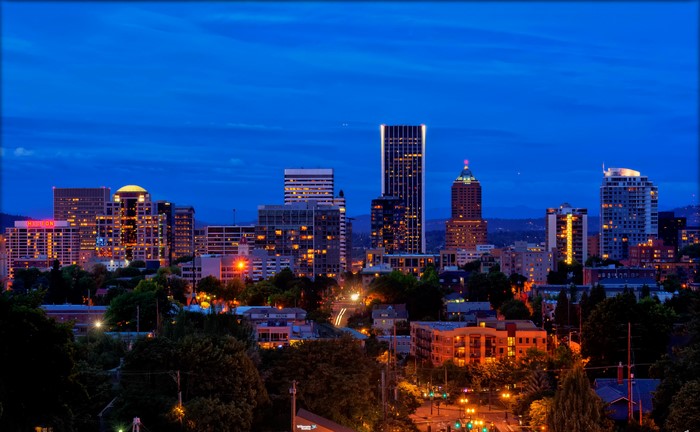 Portland skyline at night with street lights