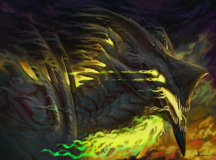 A monstrous creature with glowing green eyes and fire