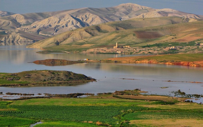 Lake and Mountains with Village