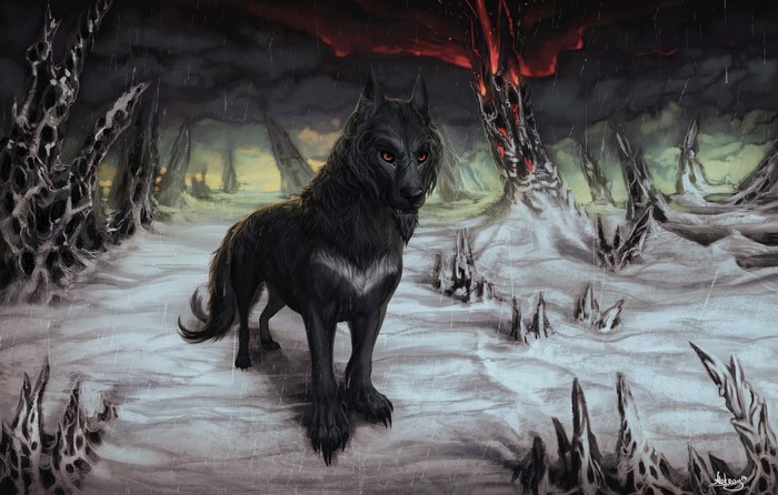 Black wolf in a desolate, stormy landscape