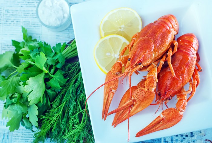 Two Crayfish with Lemon Slices and Herbs