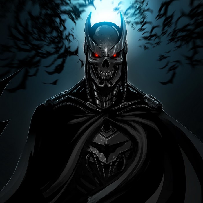 Terminator Batman with red eyes and bats