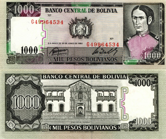 1000 Bolivian Pesos Banknote of Bolivia