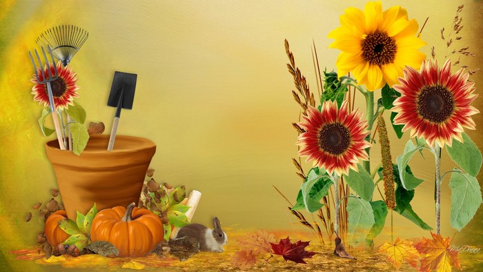 Autumn garden scene with pumpkins and sunflowers