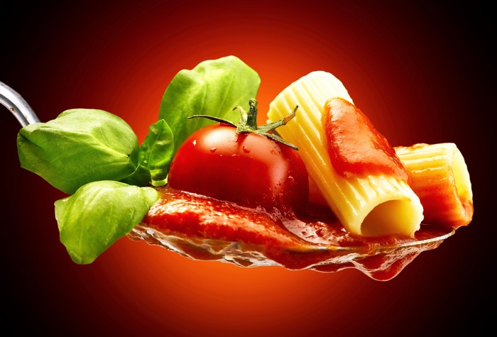 Pasta with Tomato Sauce and Basil on a Spoon