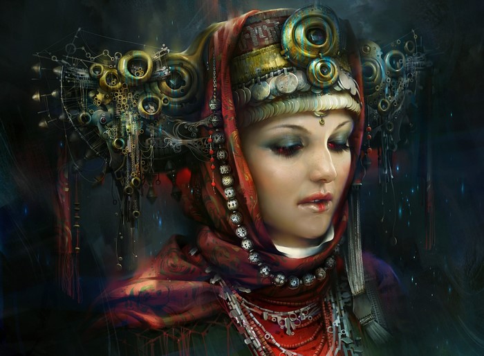 Woman in traditional headdress with intricate jewelry