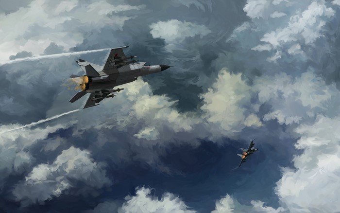 Two MiG-25s flying through clouds