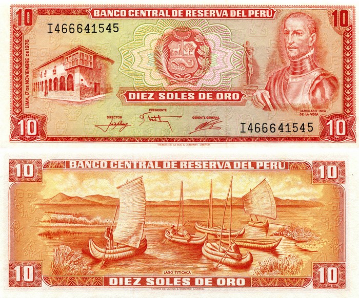 10 Peruvian Soles Banknote featuring Garcilaso Inca de la Vega