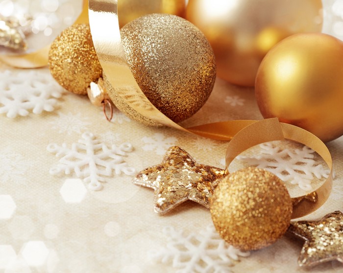 Gold Christmas Ornaments and Snowflakes