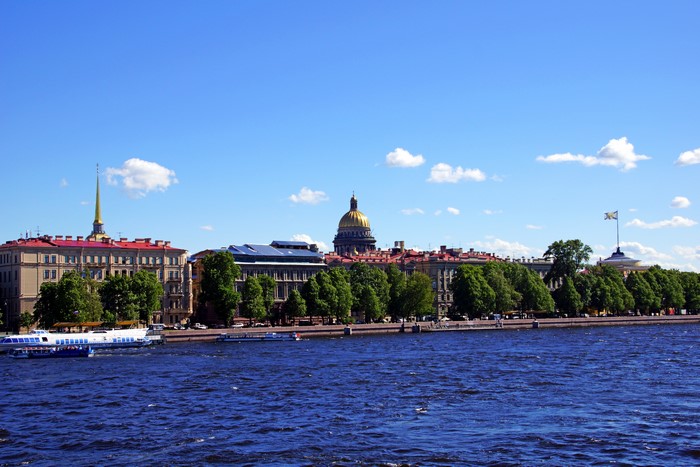 St. Petersburg skyline with river and boats