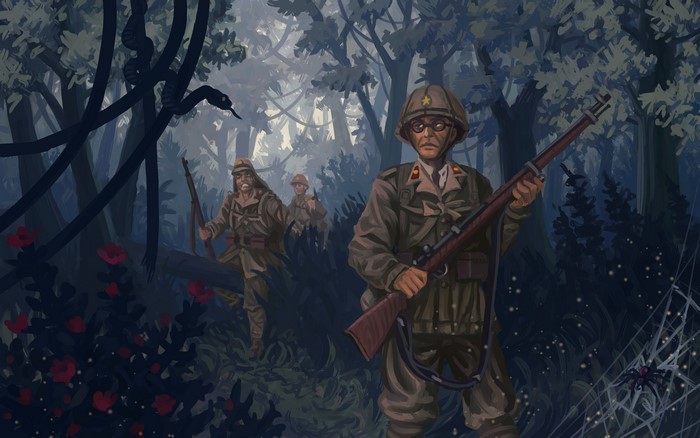 Soldiers with rifles in a jungle painting
