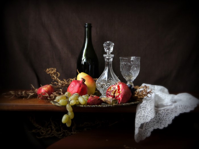 Still-life with fruit, bottle, and glassware