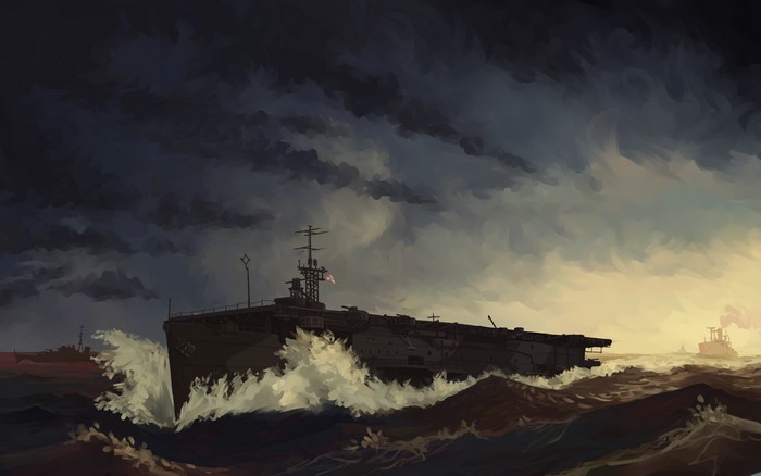 4K Painting of HMS Attacker Aircraft Carrier in Rough Seas