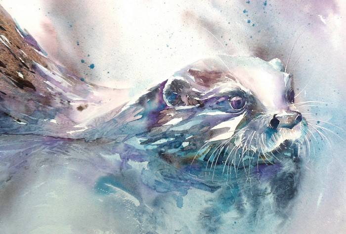 Watercolor painting of an otter swimming
