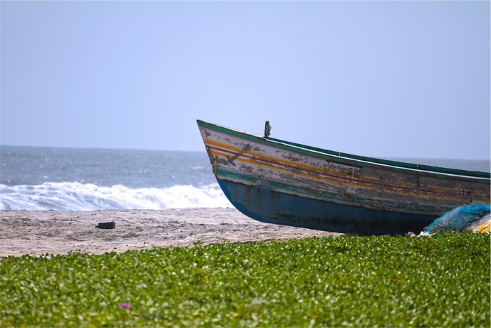 Boat on a beach with green grass and ocean waves