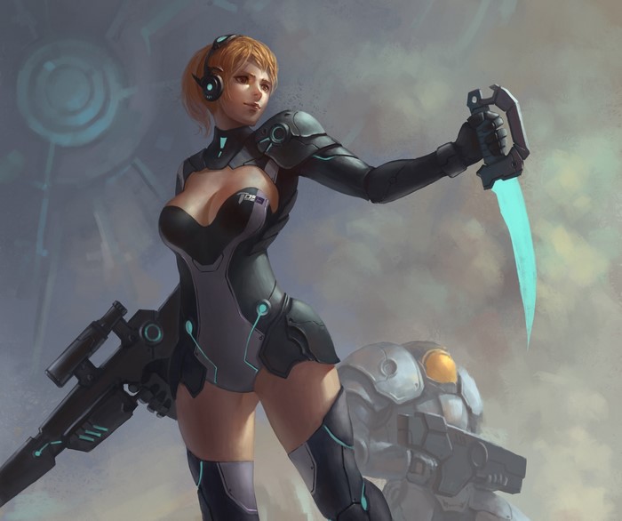 Female warrior with sniper rifle and glowing knife
