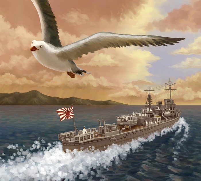 IJN destroyer Shiranuhi with a seagull