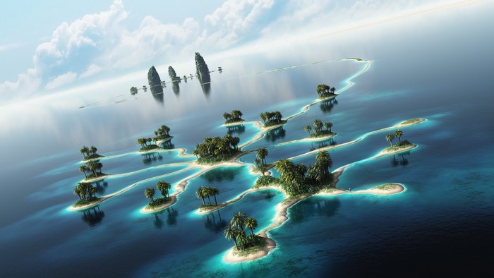 Archipelago of tropical islands connected by sandbars