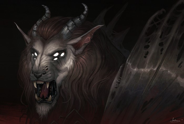 A monstrous creature with horns and multiple eyes roars