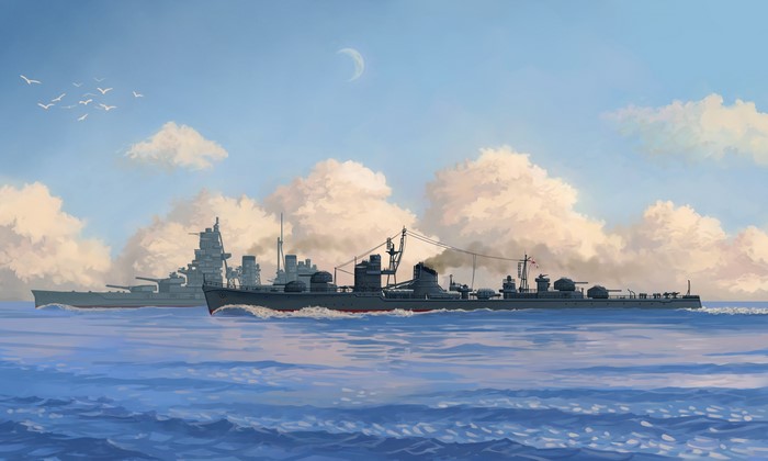 IJN destroyer Fuyutsuki and battleship painting