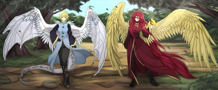 Two winged beings in a forest