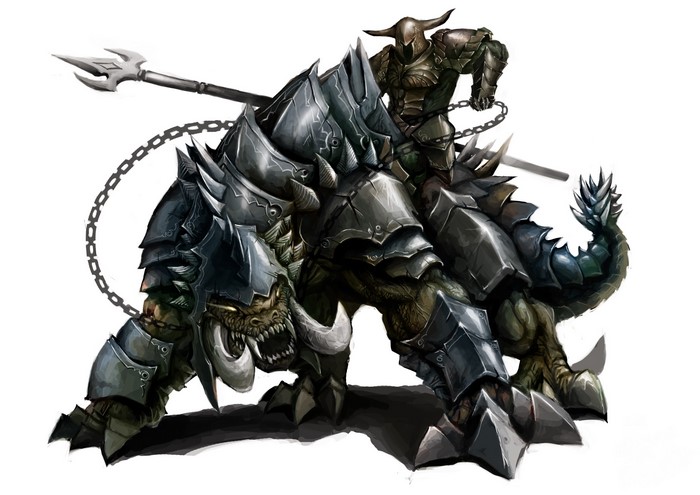 Armored warrior riding a monstrous beast with a spear