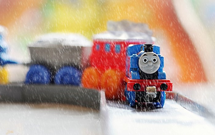 Thomas the Tank Engine toy in the rain