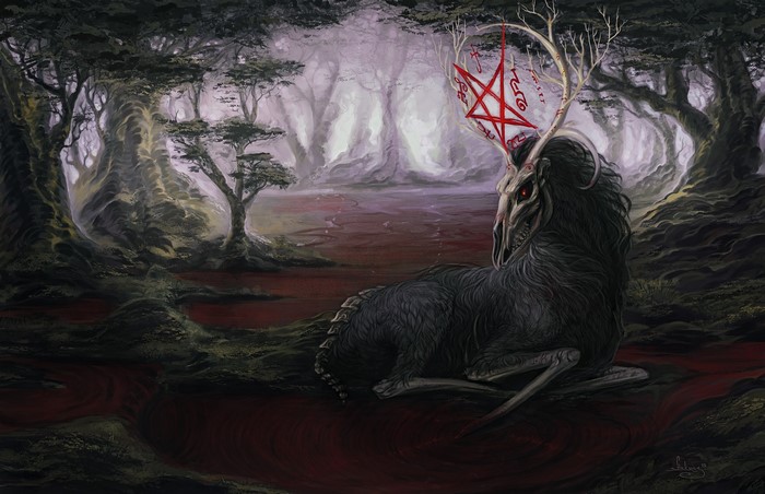Demonic deer with pentagram in a bloody forest