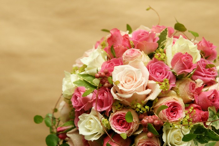 Bouquet of pink and white roses with water droplets