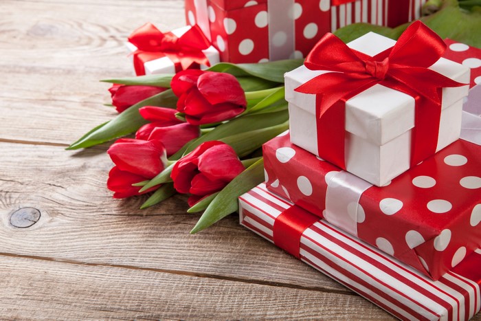 Red Tulips and Gifts with Red Bows