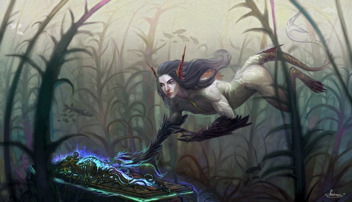 Mermaid reaching for glowing treasure chest underwater