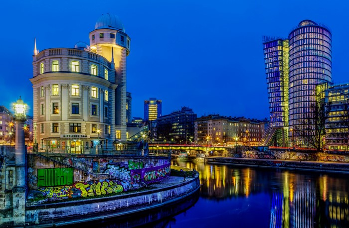 Vienna at Night: River, Buildings, and Observatory