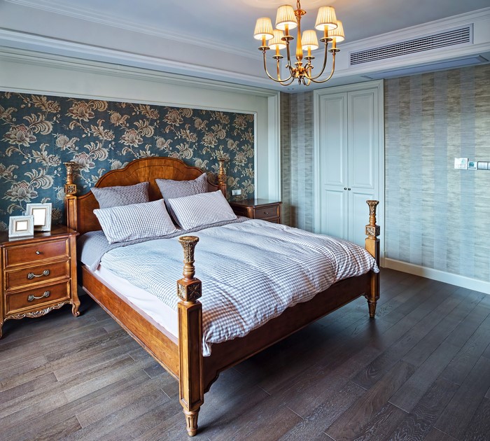 Bedroom Interior Design with Bed and Chandelier