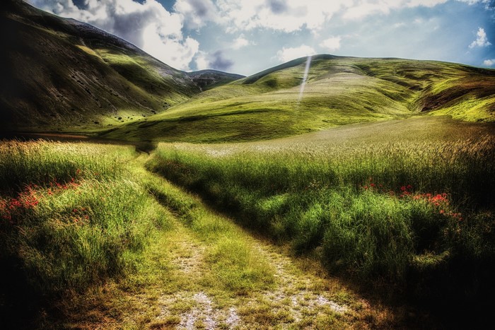 A dirt path winds through grassy fields towards rolling green mountains under a cloudy sky.