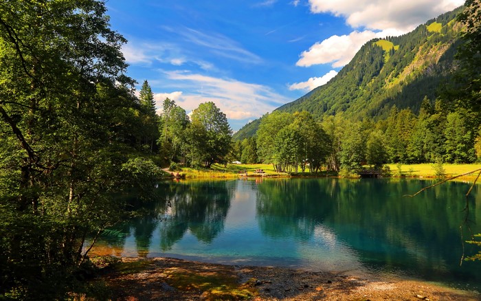4K Mountain Lake Scenery with Trees and Sky