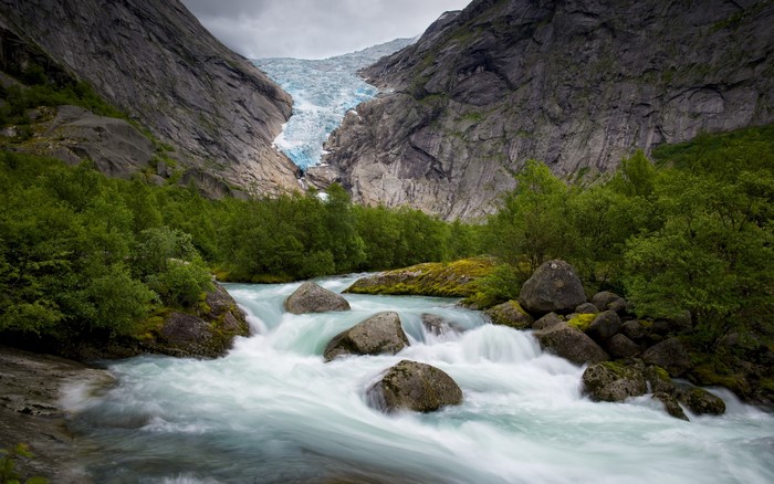 Glacier flowing into a rocky river valley with trees