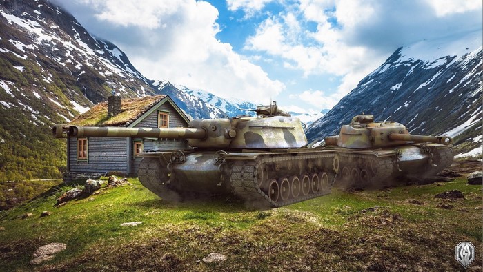 T110E4 tanks in World of Tanks near a cabin in mountains