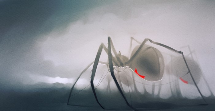 A surreal painting of a giant spider with red markings