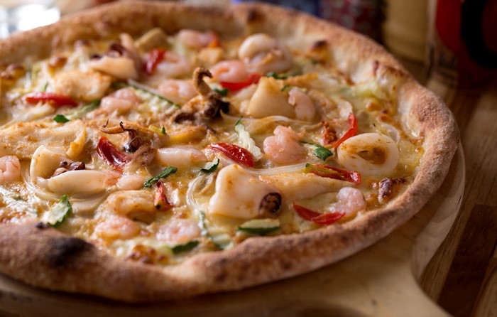 Seafood pizza with shrimp and calamari