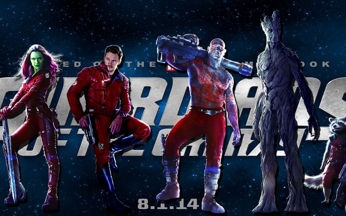 Guardians of the Galaxy characters Gamora, Star-Lord, Drax, Groot, Rocket Raccoon