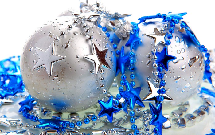 Silver Christmas ornaments with blue star beads