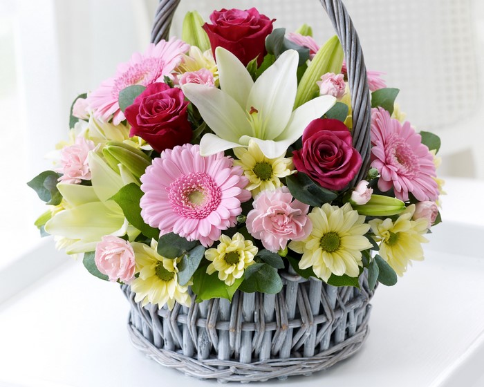 Bouquets, Roses, Gerberas, Lilies, Carnations, Wicker basket HD Wallpaper