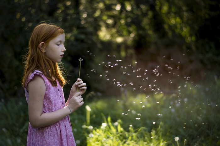 Girl blowing dandelion seeds