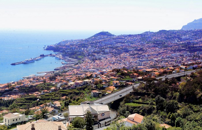 Funchal, Madeira, Portugal Coastline with City and Roads